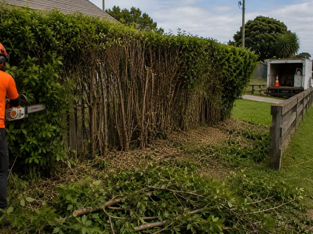 Hedge removal by Prime Tree Services at a Tauranga property