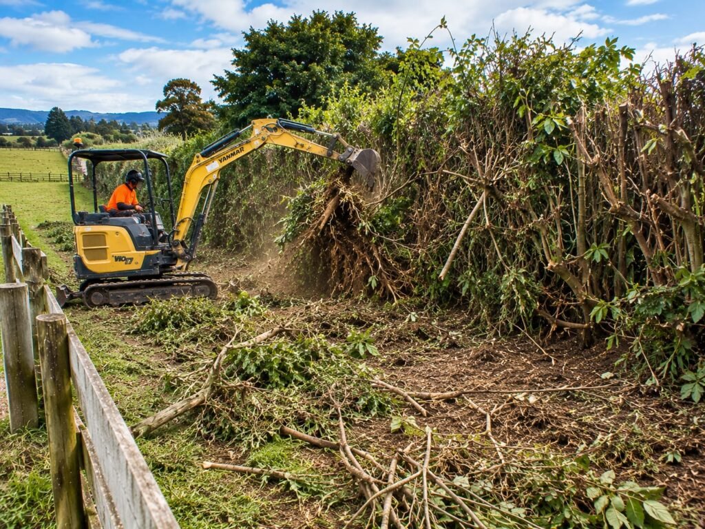 Overgrown hedge being cut back for removal in Tauranga