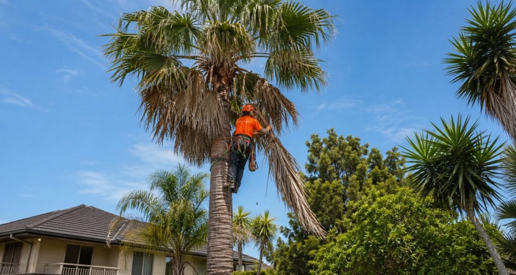 Climbing arborist removing dead fronds from a tall palm at a Tauranga home