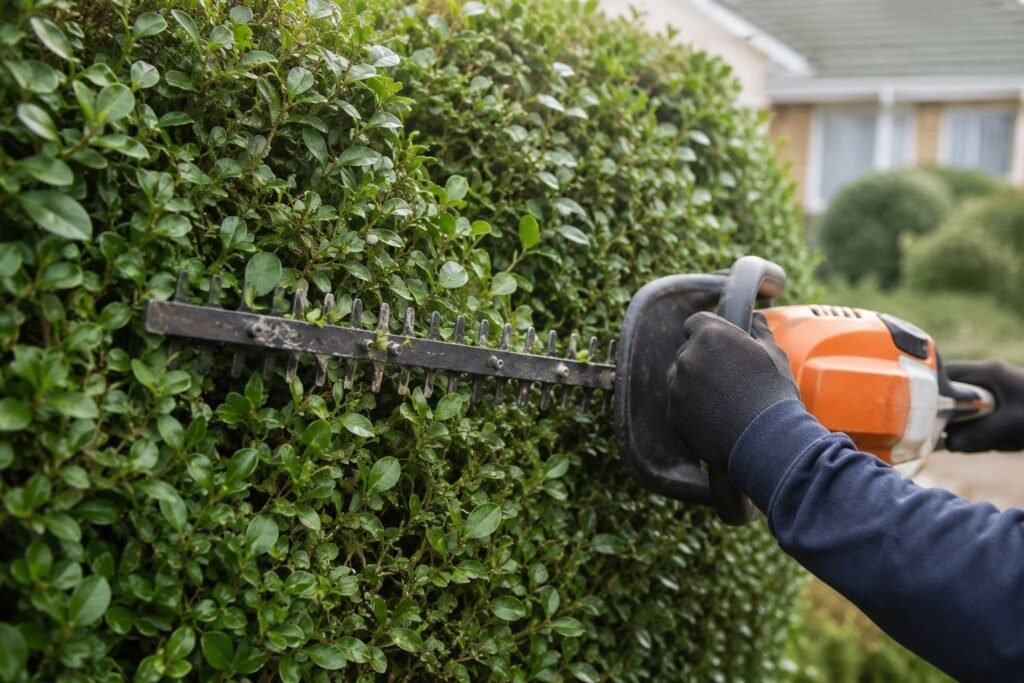 Hedge trimmer shaping a dense green shrub outside a house
