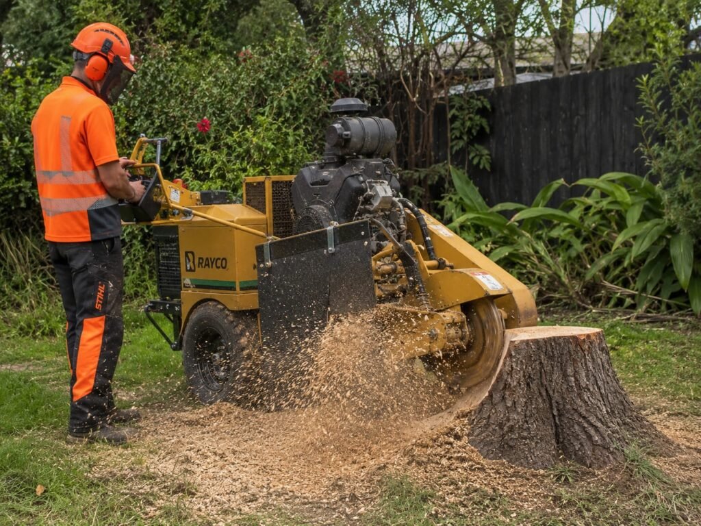 Operator using a stump grinder to remove a large tree stump in a Tauranga back garden
