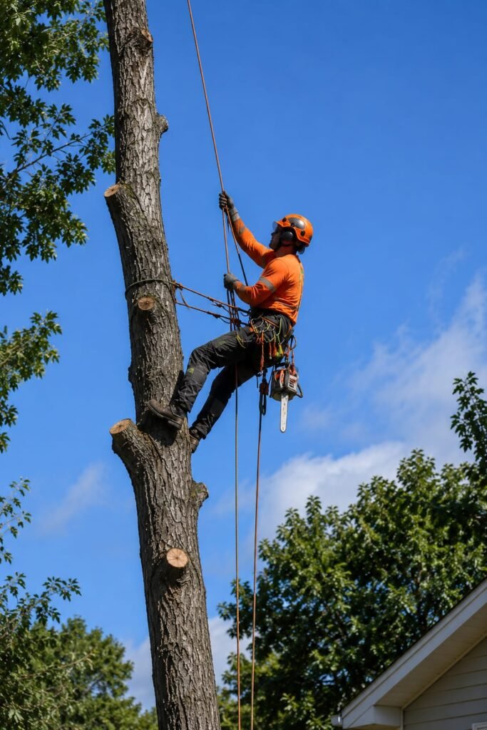 Arborist felling a tree safely beside a house in Tauranga