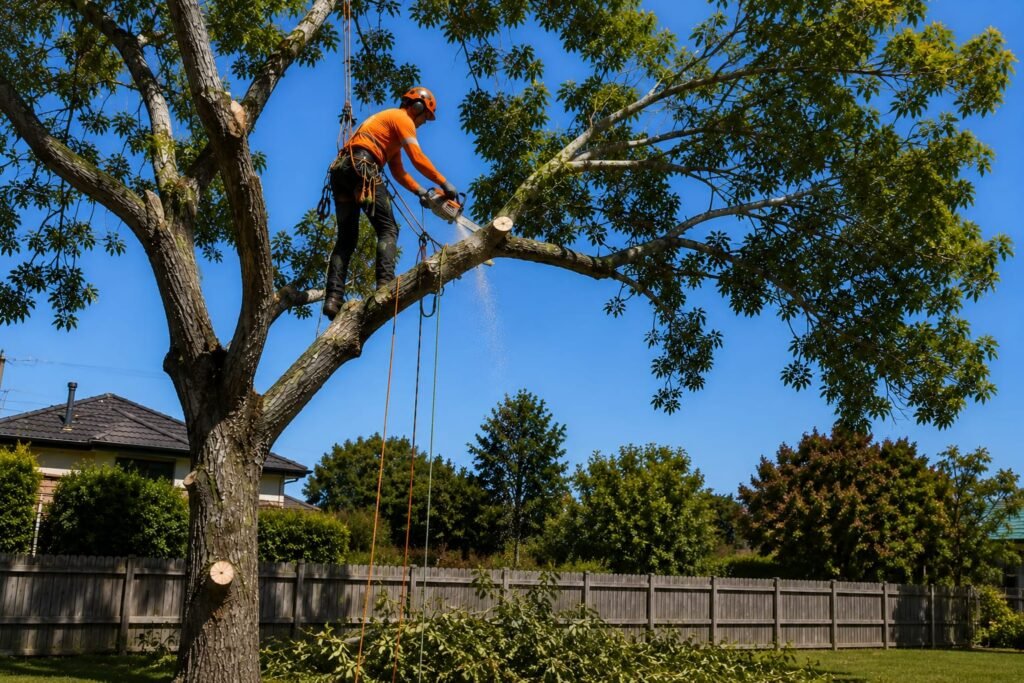 Rope access arborist dismantling a large tree with a chainsaw above a Tauranga back garden