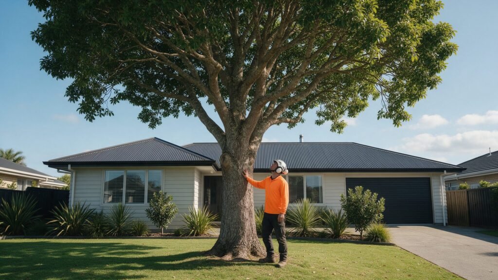 Arborist assessing a large mature tree in the front garden of a Tauranga home